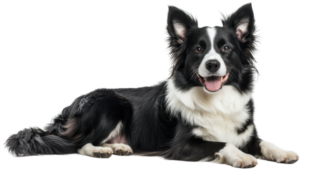 Playful border collie poses charmingly on white background with a joyous expression