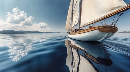 Schooner sails on the vast ocean under a clear sky peacefully drifting across calm waters