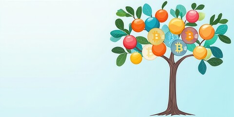 Fototapeta premium Tree with Bitcoin coins growing as fruits, symbolizing long-term investment, stock illustration