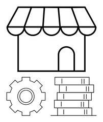 Shopfront with awning, gear, and coin stacks conveys business ideas, operations, and innovation. Ideal for entrepreneurship, management, strategy, e-commerce finance marketing and conceptual