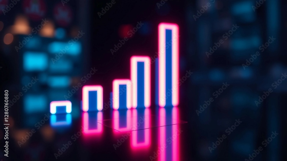Poster neon glowing bar graph rising on a dark reflective surface suggesting growth and progress in technol