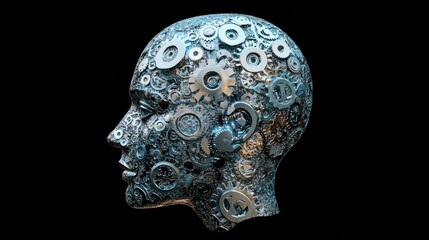 Human head silhouette filled with interlocking gears and cogs showcasing the concept of artificial intelligence development. Generative AI