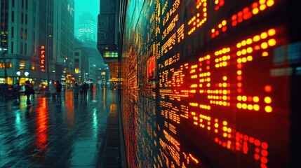 Obraz premium Rainy Night in the City: Stock Ticker Reflection