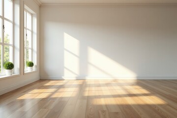 Fototapeta premium Spacious empty room, polished wooden floor, natural light, airy, contemporary, natural light