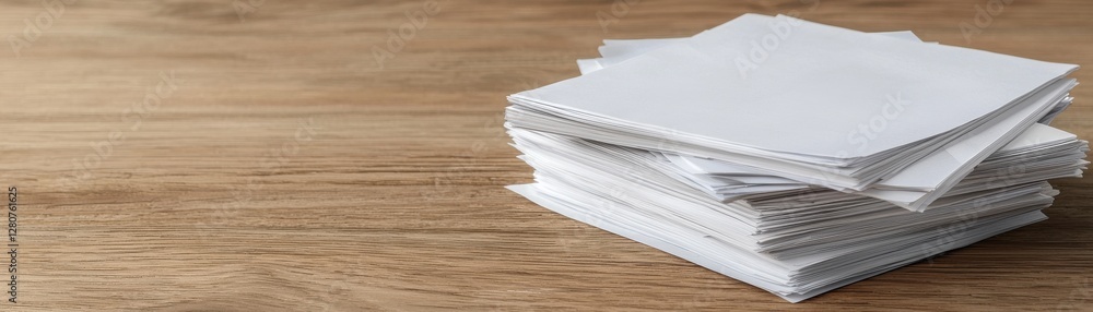 Poster neatly stacked blank sheets of paper on a wooden table surface for creative and business use
