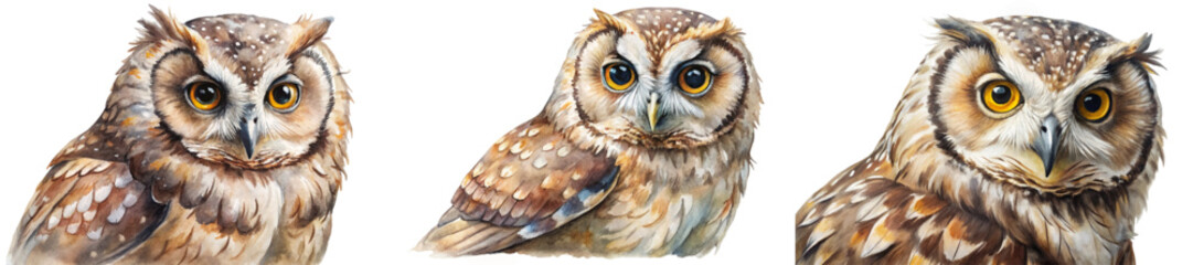 Realistic owl illustrations, vibrant watercolor style, detailed feathers, wildlife art, nature-themed decor.