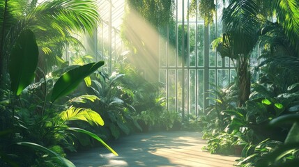 Sunlit Greenhouse Path Through Lush Plants