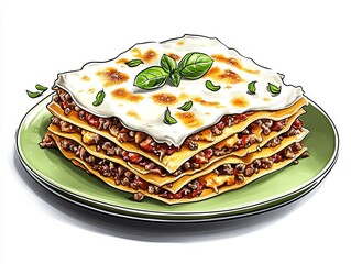 Lasagna clásica en un plato verde, un plato delicioso y abundante que celebra la cocina italiana con capas de salsa y queso cremoso