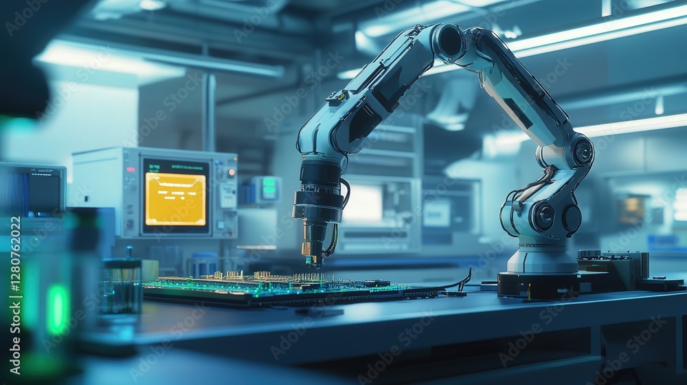 Poster ai-driven robotic arm assembling complex microchips in a high-tech lab