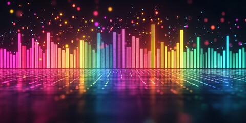 Vibrant Rainbow Equalizer Music Visualization with Glowing Particles and Reflective Surface