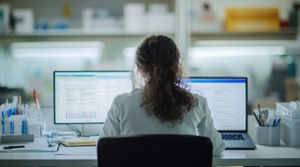 Autism research in a quiet office, a researcher reviewing data on a laptop. Featuring scientific rigor and precision