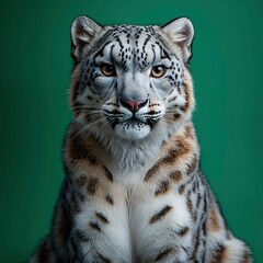 Fototapeta premium Majestic Snow Leopard Portrait Against Green Background