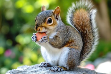 Fototapeta premium A small mammal enjoying its meal on a rocky outcrop
