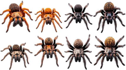 Various species of tarantulas displayed in vibrant colors showcasing their unique patterns