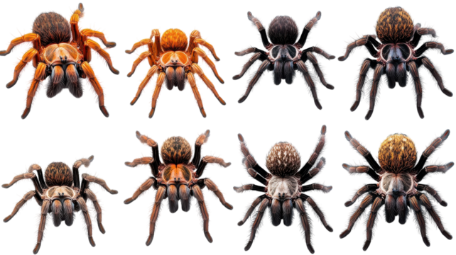 Various species of tarantulas displayed in vibrant colors showcasing their unique patterns