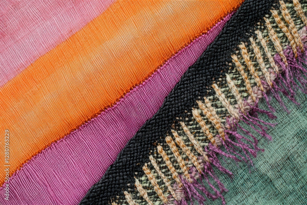Poster colorful textiles with vibrant patterns and fringed edges