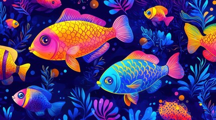 Fototapeta premium Vibrant, colorful fish swim in a dark blue ocean. A stunning underwater scene full of life and color.