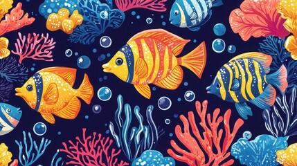 Vibrant illustration of colorful fish swimming among coral reefs.  A lively underwater scene full of bright hues and intricate details.