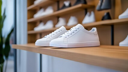 A pair of white sneakers displayed on a wooden shelf against a backdrop of neatly arranged footwear. Concept Footwear Display, White Sneakers, Wooden Shelf, Organized Arrangement, Stylish Showcase