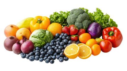 Vibrant display of fresh fruits and vegetables at a sunlit market stall