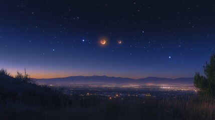 Naklejka premium sci-fi inspired night sky photograph, featuring a rare celestial alignment of planets.