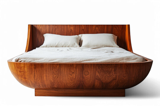 Modern wooden bed design with white linens in minimalist style