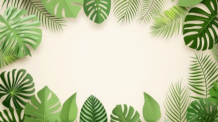 Green Tropical Leaves Frame on Beige Background