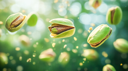 Pistachios soaring through mid-air, their textured shells and radiant green nuts emphasized by a subtle gradient background of cream and green.