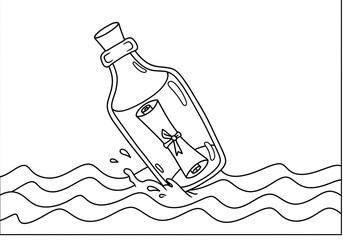 Fun black and white coloring book page, floating message in a bottle, slightly tilted in gentle waves, a rolled-up letter visible inside, simple yet intriguing design, bold outlines