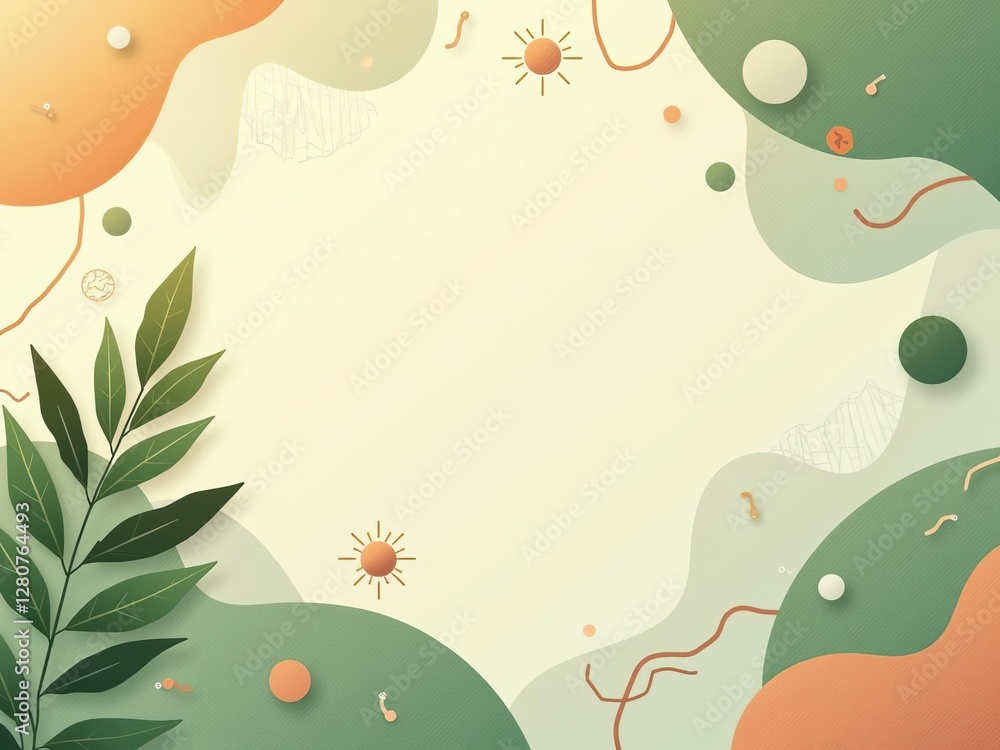 Poster abstract nature background design with minimalist organic shapes and botanical elements, soft green 