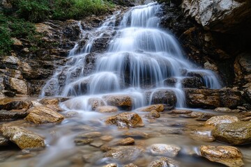 Fototapeta premium A serene scene of a waterfall flowing over rocks in a forest, great for nature and outdoor use