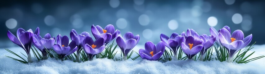 Purple crocuses bloom through the snow signaling the arrival of spring in a serene landscape