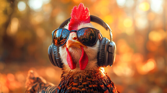 Quirky Thanksgiving turkey wearing trendy sunglasses and headphones, set against a warm brown blurred background. Perfect for humorous seasonal designs, greeting cards, or social media posts