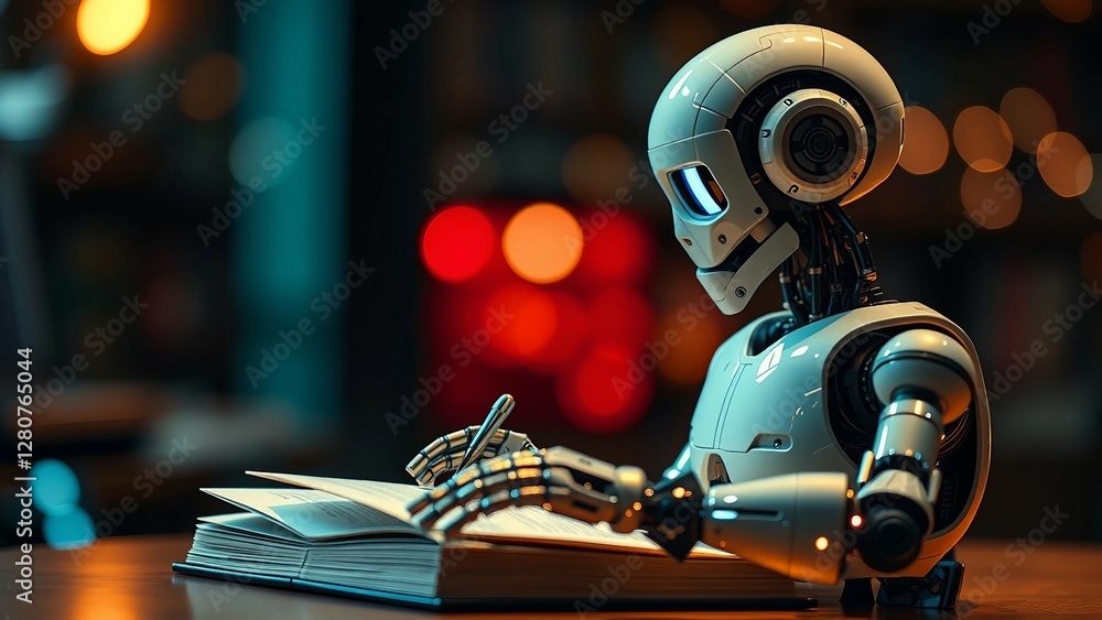 Poster robot writing in book for large language model and artificial intelligence chatbot concept