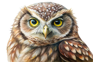 Realistic owl portrait, detailed feathers, vibrant colors, wildlife art, nature illustration, animal close-up.