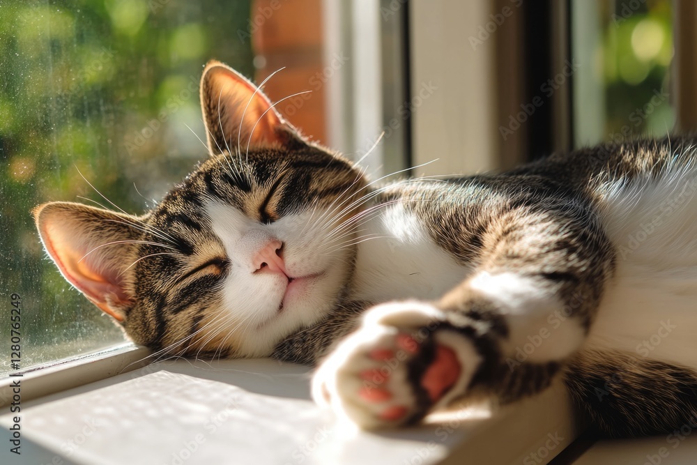 Poster a cat resting on a windowsill with a view of the outside