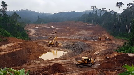 Mining operation in rainforest clearing.  Large earthmovers excavating.  Possible use Stock photo for environmental impact