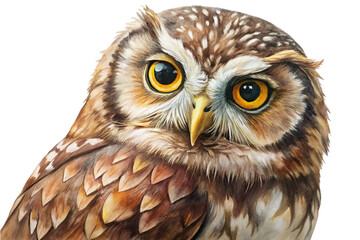 Realistic owl portrait, detailed feathers, vibrant eyes, wildlife art, nature illustration, animal close-up, artistic rendering.