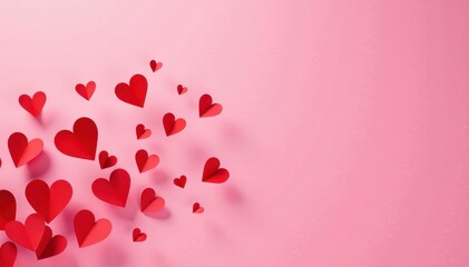 Pink background with a stream of falling red paper hearts Valentines Day concept , hearts, flowing, sweet