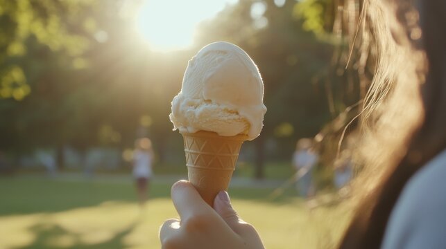 Woman holding ice cream cone in park at sunset - Powered by Adobe