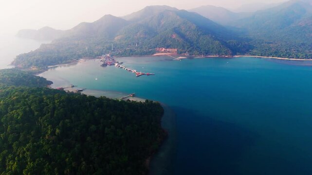 Aerial establishing fly Ko Chang blue lagoon gulf, Thailand's paradisaical beach landscape, drone view