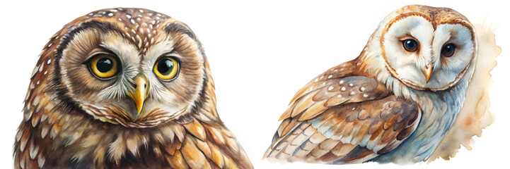 Realistic owl illustrations, watercolor style, detailed feathers, vibrant colors, wildlife art, nature-themed decor.