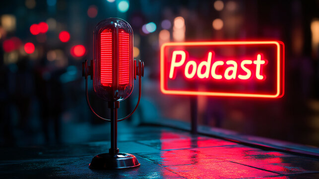 Red neon Podcast sign glowing against a dark green lit background