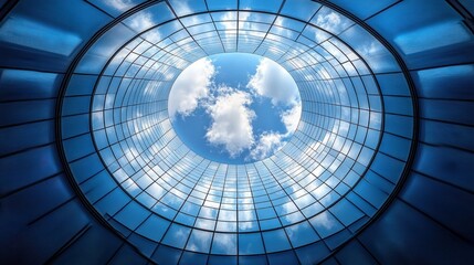Naklejka premium Circular glass ceiling of modern building showcasing a blue sky and clouds.