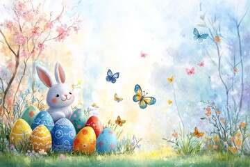 Conejo de Pascua sonriente con huevos coloridos en un paisaje primaveral lleno de mariposas