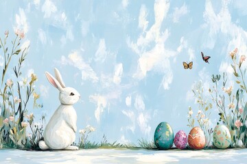 Conejo de Pascua adorable rodeado de huevos coloridos en un entorno primaveral alegre