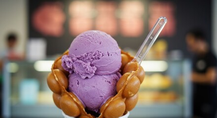 Delicious purple yam ice cream in bubble waffle cone at dessert shop