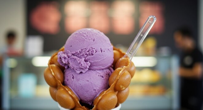Delicious purple yam ice cream in bubble waffle cone at dessert shop