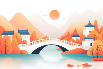 Naklejka premium Beautiful ancient bridge verandah Chinese style hand-painted illustrations, Chinese style ancient building posters