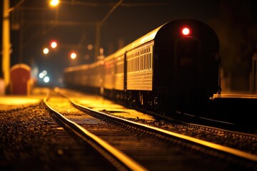 Naklejka premium A train travels along the tracks under the light of the stars and moon